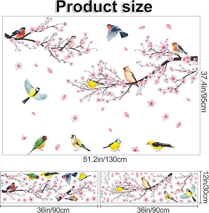 Amaonm 2 Sheets of 12"x36" Removable Pink Red Cherry Blossom Flowers Wall Stickers DIY Flying Birds and Tree Brances Wall Decals 3D Peel and Stick Floral art Decor for Kids Girls Bedroom Living Room Nursery Decoration (37"x51")