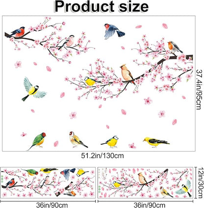 Amaonm 2 Sheets of 12"x36" Removable Pink Red Cherry Blossom Flowers Wall Stickers DIY Flying Birds and Tree Brances Wall Decals 3D Peel and Stick Floral art Decor for Kids Girls Bedroom Living Room Nursery Decoration (37"x51")