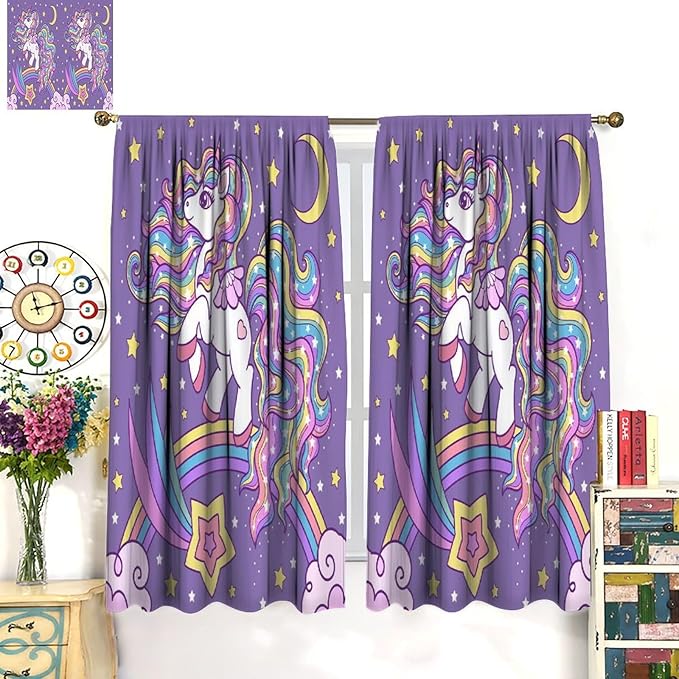 Unicorn Curtains Fantasy Star Moon Cartoon Theme Curtains Cute White Unicorn Rainbow Design Printed Curtains Boys Girls Room Curtains 63x72 Inch 2 Panels