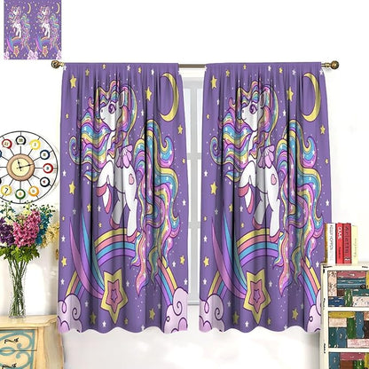 Unicorn Curtains Fantasy Star Moon Cartoon Theme Curtains Cute White Unicorn Rainbow Design Printed Curtains Boys Girls Room Curtains 63x72 Inch 2 Panels