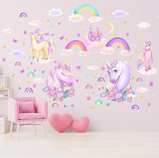 Unicorn Wall Decals Pack of 4 Sheets 135 pcs by Lipastick - Rainbow Wall Stickers – Princess Castle with Hearts Clouds Stars Wall Decals Decor for Girls Kids Bedroom Birthday Party Size XXL
