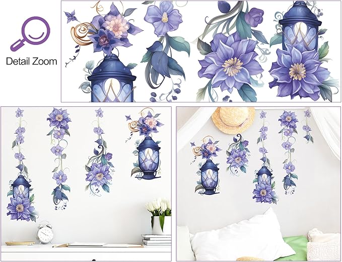 Hanging Flower Vine Wall Stickers Floral Lamp Wall Decals DIY Removable Peel and Stick Flower Vine Mural Art Decor for Living Room Bedroom TV Background Spring Party Decoration (Blue)
