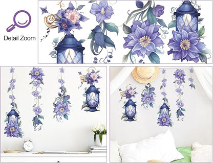 Hanging Flower Vine Wall Stickers Floral Lamp Wall Decals DIY Removable Peel and Stick Flower Vine Mural Art Decor for Living Room Bedroom TV Background Spring Party Decoration (Blue)