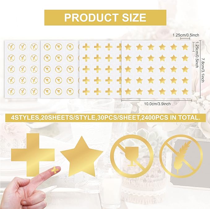 OLYCRAFT 2400pcs 4 Styles Gold Meal Stickers 0.5 Inch Food Choice Sticker No Alcohol/No Gluten/Allergie/Star Wedding Meal Indicator Stickers Kitchen Stickers for Place Card Wedding Party Supplies