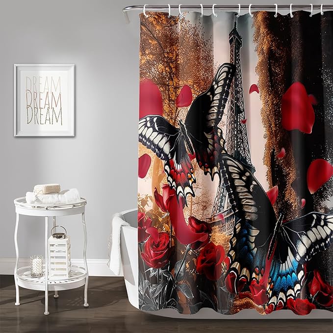 AILONEN Butterfly Shower Curtain for Bathroom,Romantic Red Rose Flower Butterfly Bath Curtain 72" W*96" H,Retro Eiffel Tower Decoration Waterproof Bathroom Curtain with 12 Plastic Hooks