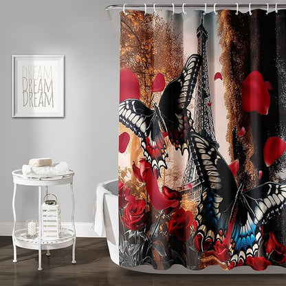 AILONEN Butterfly Shower Curtain for Bathroom,Romantic Red Rose Flower Butterfly Bath Curtain 60" W*72" H,Retro Eiffel Tower Decoration Waterproof Bathroom Curtain with 12 Plastic Hooks