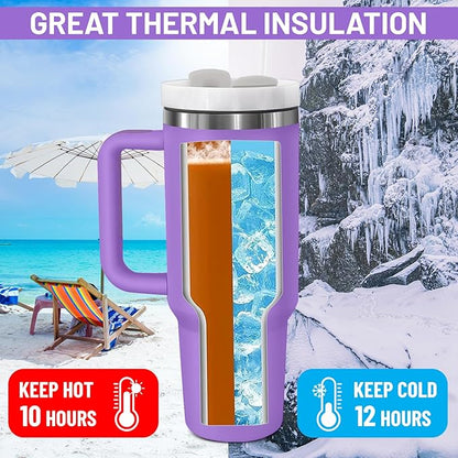 40oz stainless Steel Insulated Tumbler with Handle, lid and straw for cold water, Iced tea, or coffee - 100% Leak-Proof - Cupholder Friendly Travel Mug- Gifts for Women Men Him Her (Purple)