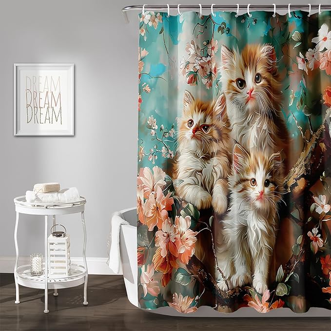 AILONEN 3D Kawaii Cat Shower Curtain Set,Cat Lovers Animal Waterproof Fabric Bath Curtain for Kids Girls Boys,Pink Cherry Blossom Shower Curtains for Bathroom Decor, 72" W*96" H