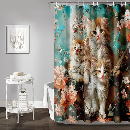 AILONEN 3D Kawaii Cat Shower Curtain Set,Cat Lovers Animal Waterproof Fabric Bath Curtain for Kids Girls Boys,Pink Cherry Blossom Shower Curtains for Bathroom Decor, 72" W*96" H