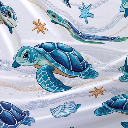 AILONEN Cute Sea Turtle Shower Curtain Set for Bathroom,Cartoon Turtle with Cowry Bath Curtain,Kawaii Ocean Animal Theme Waterproof Fabric Shower Curtain with Hooks,72" W*84" H