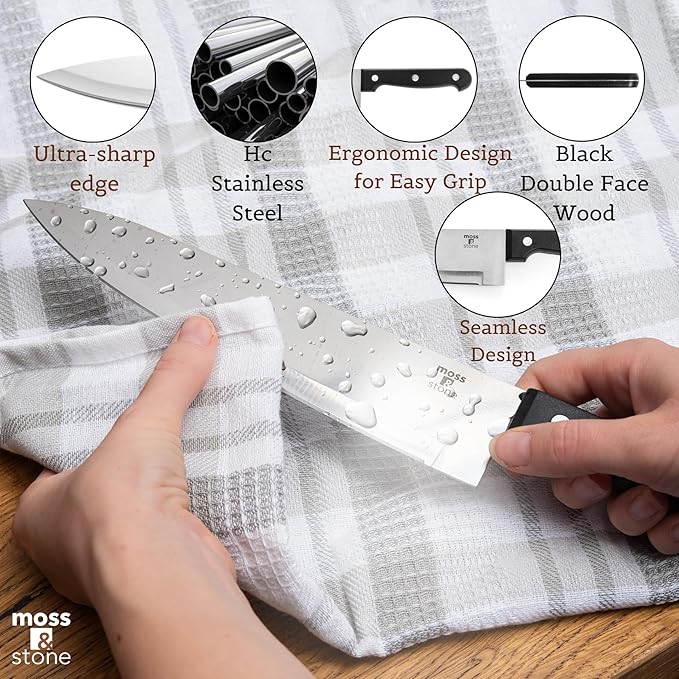 Moss & Stone Stainless Steel Serrated Small Knife Set, Kitchen knives Set With High-Carbon Stainless Steel Blades & Wood Block Set, Cutlery Knife Set Small, Basics 7 Piece Kitchen Knifes