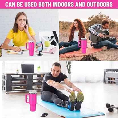 40oz stainless Steel Insulated Tumbler with Handle, lid and straw for cold water, Iced tea, or coffee - 100% Leak-Proof - Cupholder Friendly Travel Mug- Gifts for Women Men Him Her (Pink)