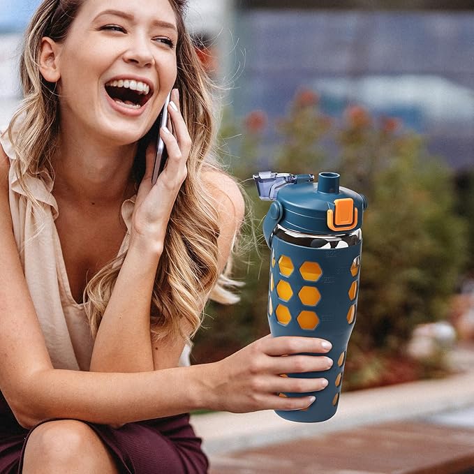 MUKOKO 32 oz Glass Tumbler with Straw,Glass Water Bottles with Time Marker,Iced Coffee Cup with 2 Lids-Handle Spout Lid&Straw Lid,Silicone Sleeve,Leakproof,1 Pack-Blue