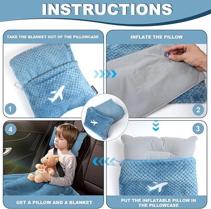 3 in 1 Travel Pillow and Blanket Set - 280 GSM Travel Blanket Airplane Compact with Bag, Inflatable Travel Pillow, Packable Airplane Blanket, Luggage Sleeve & Backpack Clip (Slate Blue)