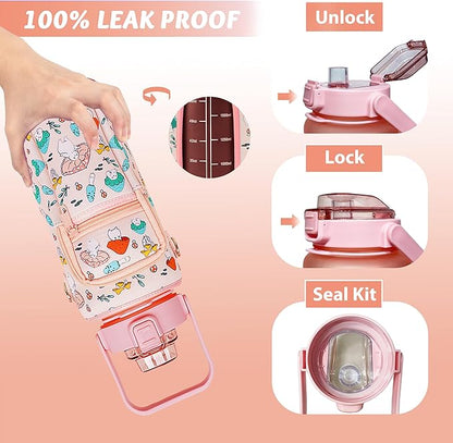 64 oz Water Bottle with Straw Sleeve & Strap Motivational Half Gallon Water Jug with Handle for Gym Women Men Aesthetic Water Bottle with Strap Mushroom Pink