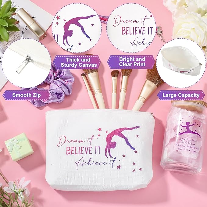 4 Pcs Gymnastics Gifts Gymnastics Glass Cup 16oz Inspirational Gymnastics Water Bottles Makeup Bag Bracelet Elastic Scrunchies for Girls Gymnastics Lovers Back to School
