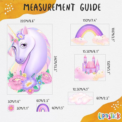 Unicorn Wall Decals Pack of 5 Sheets Stickers by Lipastick - Rainbow Wall Stickers – Princess Castle with Hearts Clouds Stars Wall Decals Decor for Girls Kids Bedroom Birthday Party Size S