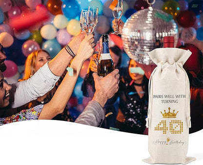40th Birthday Gifts for Women Men,40th Gifts,40th Birthday Decorations,Pairs Well with Turning 40 Forty,Funny Birthday Wine Bags,1 Drawstring Gift Wine Bag,Q12