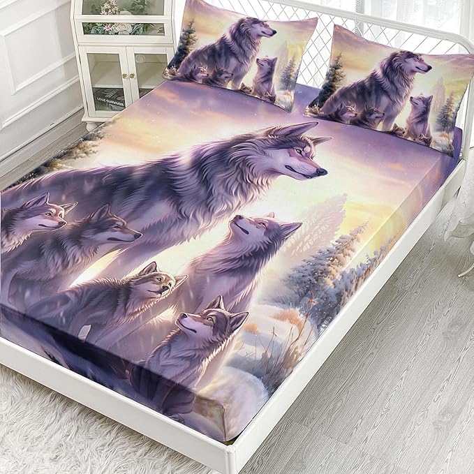 AILONEN Wolf Fitted Sheet Set Twin XL Snow Wolf Bed Sheet Set, Wolfmother and Wolf Pups Theme Bedding Set 3 Pieces Wildlife Wolf Sheet Set for Boys Girls,1 Fitted Sheet with 2 Pillowcases