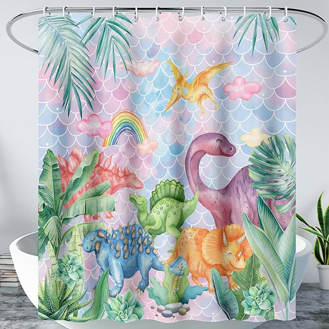 AILONEN Girls Dinosaur Shower Curtain 60" W*72" H for Bathroom,Cute Dinosaur Bathroom Shower for Kids Girls,Cartoon Dinosaur Rainbow Bath Curtain Polyester Waterproof Shower Curtain with 12 Hooks