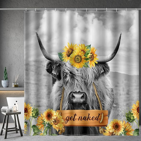 Aimego Long Farmhouse Shower Curtain - Rustic Western Highland Cow Sunflower Country Get Naked Funny Fabric Cloth Bath Shower Curtain Set with 12 Hooks Bathroom Decor Bathtub Curtain, 72"x78"