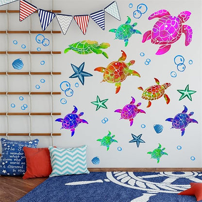 Waterproof Removable Watercolor Turtles Vinyl Wall Decal for Nursery Kidsroom School Classroom Livingroom Bedroom Bathroom Sea Life Sticker in Coastal Ocean Theme