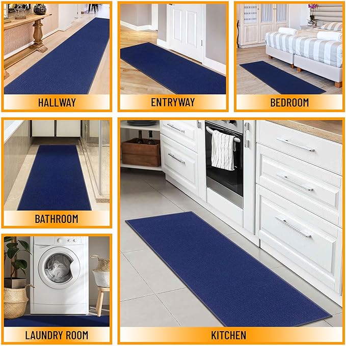 Machine Washable Modern Solid Design Non-Slip Rubberback 2x5 Traditional Runner Rug for Hallway, Kitchen, Bedroom, Entryway, 20" x 59", Navy