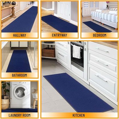 Machine Washable Modern Solid Design Non-Slip Rubberback 2x5 Traditional Runner Rug for Hallway, Kitchen, Bedroom, Entryway, 20" x 59", Navy