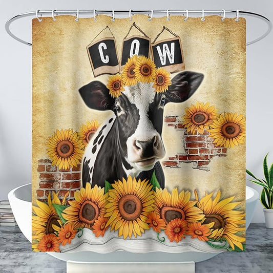 AILONEN Cow Shower Curtains for Kids Boys Girls,Farm Sunflower Cow Bath Curtains for Bathroom Decor,72" W*84" H Polyester Waterproof with 12 Plastic Hooks