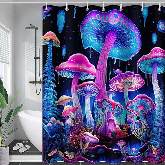 AILONEN Mushroom Shower Curtain for Bathroom, 3D Oil Painting Mushroom Bath Curtain,Blue Purple Fairy Fantasy Fungus Botanical Decoration Waterproof Curtain with 12 Plastic Hooks, 60" W*72" H