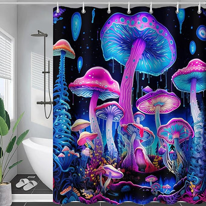 AILONEN Mushroom Shower Curtain for Bathroom, 3D Oil Painting Mushroom Bath Curtain,Blue Purple Fairy Fantasy Fungus Botanical Decoration Waterproof Curtain with 12 Plastic Hooks, 72" W*72" H