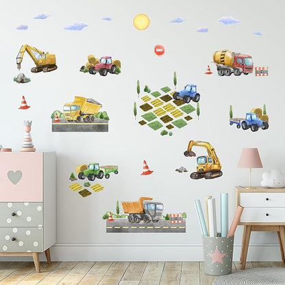 Car Wall Decals for Kids by Lipastick - Transports Wall Stickers Peel and Stick Truck Stickers – Construction Cars Wall Decals - Large Tractor Excavator City Nursery Playroom Décor S Size
