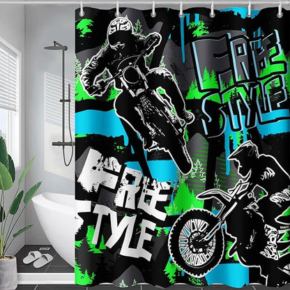AILONEN Boys Motocross Hip Hop Shower Curtain,Dirt Bike Racer Waterproof Bath Curtain,Motorcycle Sport Curtain for Kids Men,Colorful Cartoon Shower Curtain 72" W x 78" H