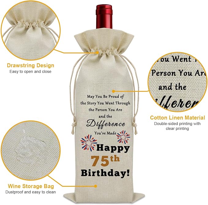 75th Birthday Gifts for Born in 1949 Wine Bag 75 Years Old Birthday Gift Inspirational Birthday Quotes Wine Accessories Gifts for Wine Lovers Gifts for Someone Turning 75 Wine Bottle Decoration Bag