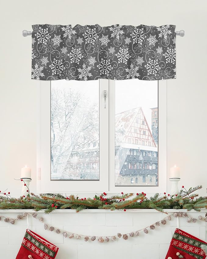 Christmas Valance Curtains for Kitchen Windows Grey White Snowflakes Pattern Rod Pocket Window Treatment Toppers for Kitchen/Living Room/Bedroom/Bathroom, 54" X 18", Winter
