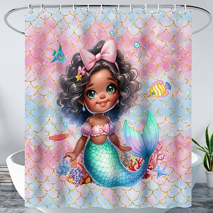 AILONEN Mermaid Shower Curtain,Cute Black Girls Mermaid Bath Curtain for Kids Girls,Ocean Fish Pink Mermaid Scale Print Shower Curtain for Bathroom Decor Waterproof with 12 Plastic Hooks, 36" W*72" H