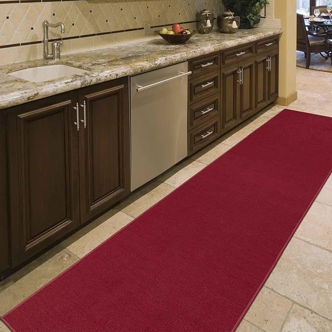 Machine Washable Modern Solid Design Non-Slip Rubberback 3x10 Traditional Runner Rug for Hallway, Kitchen, Bedroom, Living Room, 2'7" x 9'10", Red