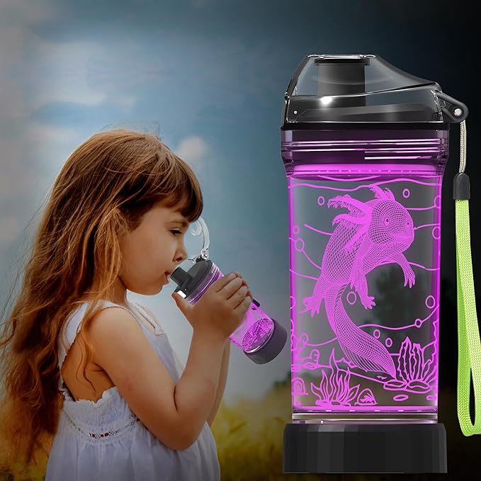 Axolotl Kids Water Bottle with 3D Glowing LED Light - 14 OZ Tritan BPA Free - Creative Ideal Travel Cup Gift for School Kid Boy Child Gamer Holiday Camping Picnic