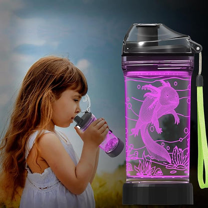 Axolotl Kids Water Bottle with 3D Glowing LED Light - 14 OZ Tritan BPA Free - Creative Ideal Travel Cup Gift for School Kid Boy Child Gamer Holiday Camping Picnic