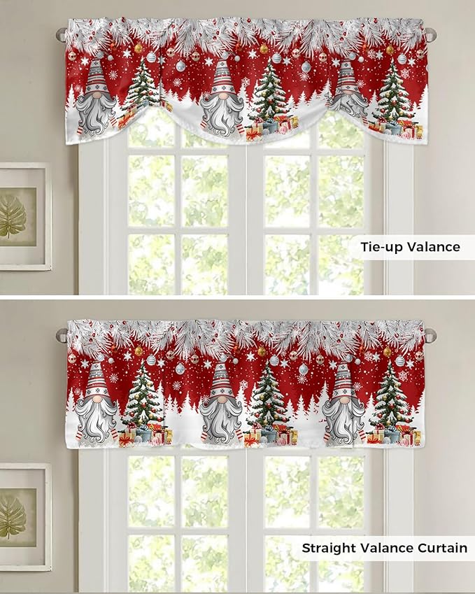 Christmas Gnome Blackout Tie Up Valance Curtains for Kitchen Windows Winter Merry Christmas Tree Balls Window Toppers Balloon Shades for Living Room/Bathroom/Bedroom,1 Panel, 60" X 18", Red