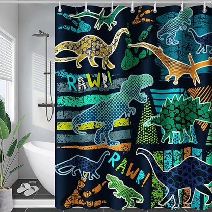 AILONEN Boys Dinosaur Shower Curtain 48" W*72" H for Bathroom,Cartoon Dinosaur Bathroom Shower for Kids Boys,Retro Blue Dinosaur Print Bath Curtain Polyester Waterproof Bathroom Curtain with 12 Hooks