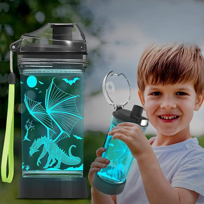 Ammonite Dragon 14 Oz Water Bottle with 3D Glowing LED Light - BPA Free Tritan - Travel Cup Gift for Back to School Boy Child Holiday Camping Picnic