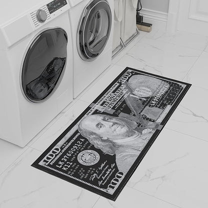 Machine Washable $100 Bill Design Non-Slip Rubberback 22x53 Modern Runner Rug for Hallway, Kitchen, Bedroom, 22" x 53", Black
