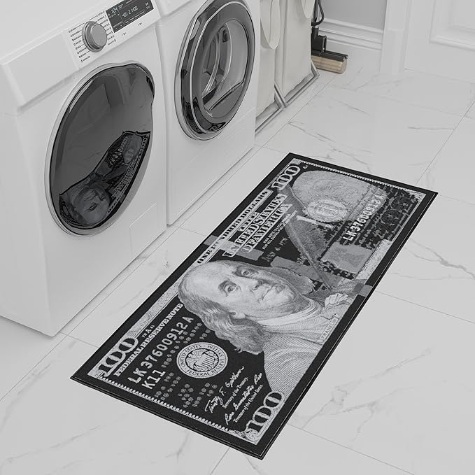 Machine Washable $100 Bill Design Non-Slip Rubberback 22x53 Modern Runner Rug for Hallway, Kitchen, Bedroom, 22" x 53", Black