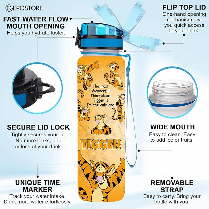 Orange Tiger 32 Oz Insulated Water Track Bottle, Orange Cartoon Character Water Bottle With Time Marker, Motivational Gifts For Cartoon Lovers