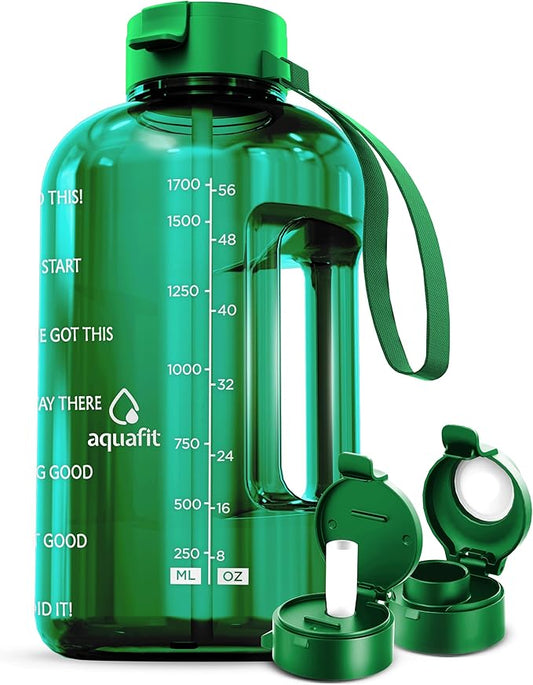 64 oz Water Bottle with Time Marker - BPA Free Half Gallon Water Bottle with Straw - Gym Water Bottle with Handle, Gallon Water Jug, Big Water Bottle, Large Water Bottle (Bright Green, 2 Lids)