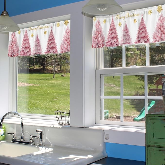 Pink Xmas Tree Window Valance for Bedroom Living Room, Gold Snowflake Christmas Window Curtain for Kitchen Bathroom, Pink Christmas Window Valance Rod Pocket Window Treatment, 54" W x 18" L