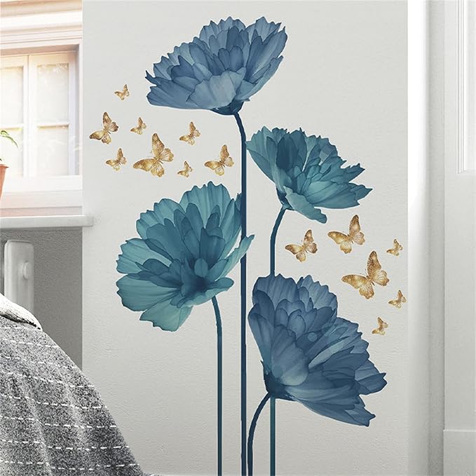 Waterproof Removable Vinyl Flowers Butterfly Wall Decal Wall Sticker Decorations Nursery Kidsroom School Classroom Livingroom Bedroom Bathroom Blue