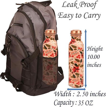 Pure Copper Water Bottle - Handcrafted - Ayurveda Health Benefits - Large 35 oz - Leak proof - Easy to carry for Sports, Fitness, Yoga, School - Textured Multicolor Floral.