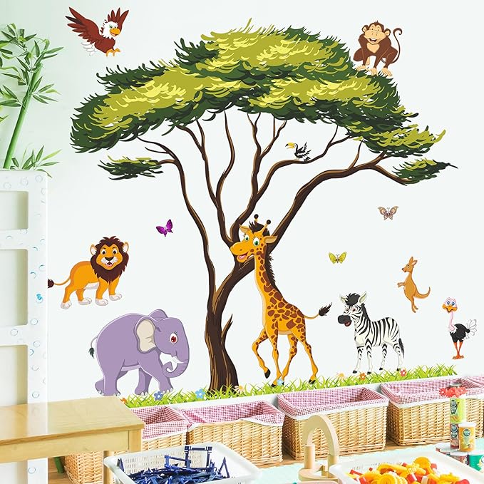 Jungle Animals Tree Wall Decals Woodland Animals Large Tree Wall Stickers Lion Elephant Zebra Safari Wall Sticker Removable DIY Peel and Stick for Kids Baby Bedroom Living Room Mural Decor